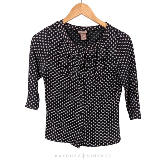 Pretty Good Sweaters - Vintage Polkadot Cardigan Top S Black Ruffle Twee Y2K Retro Glam Secretary 3/4